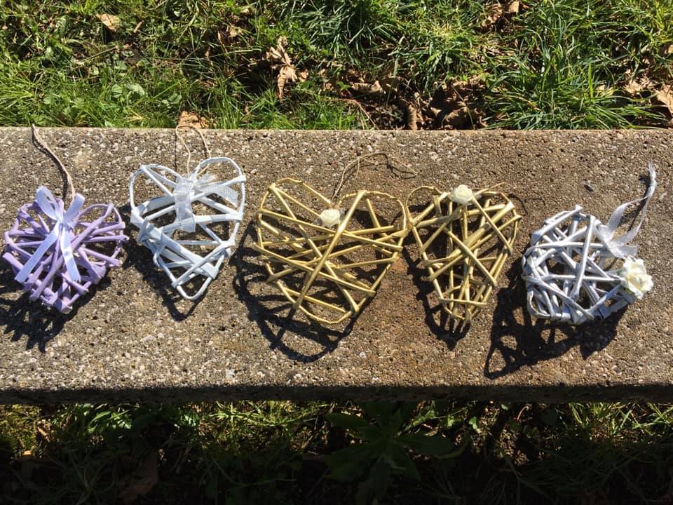 Some of the hearts we made at the craft group. Mine is the white one, second from the left.